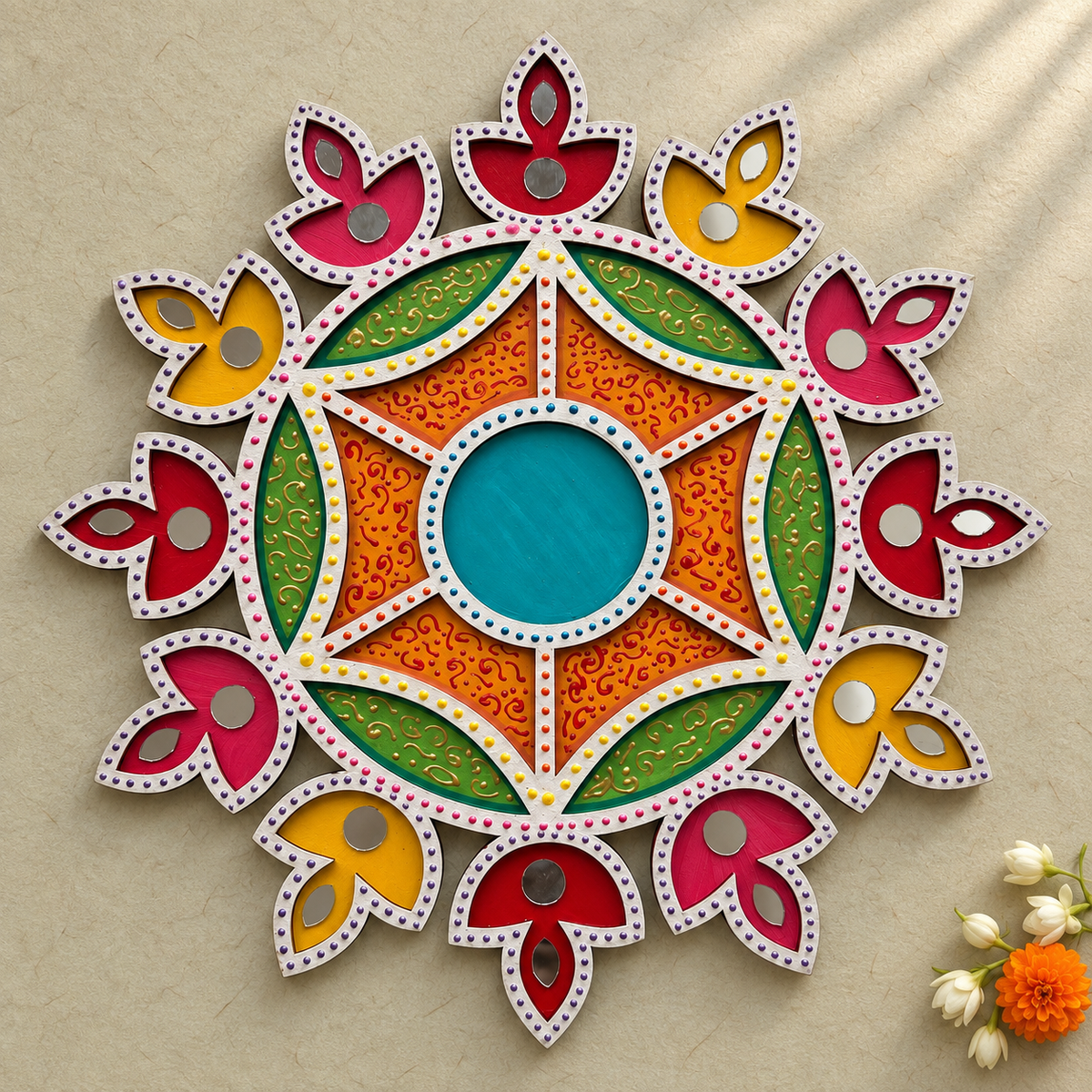 Mirror Work Multicolor Diya Rangoli