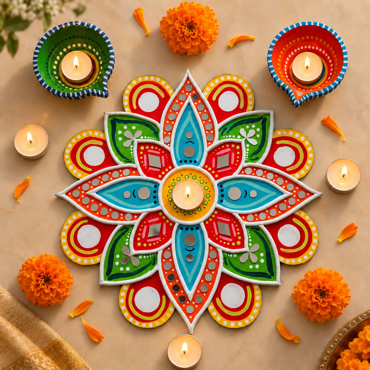 Mirror Work Multicolor Flower Rangoli