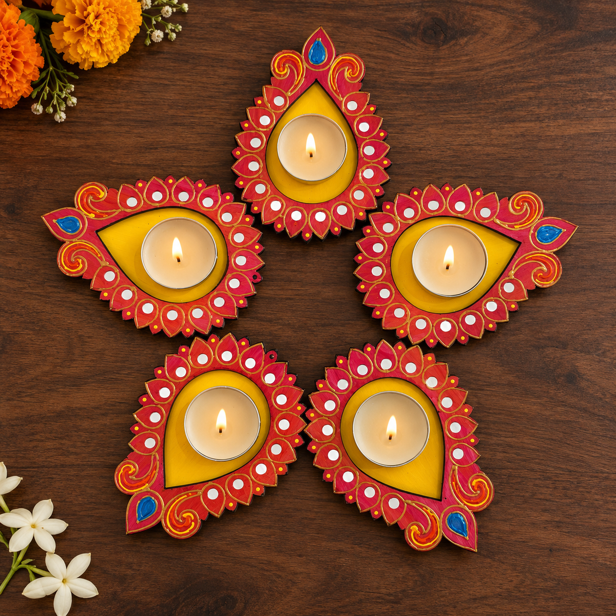 Decorative Red & Yellow Tealight Holders | Set Of 5