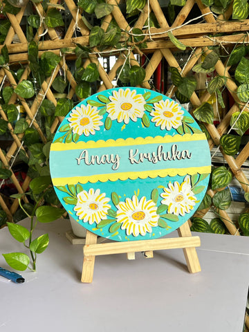 Personalised White Daisy Round Wooden NamePlate