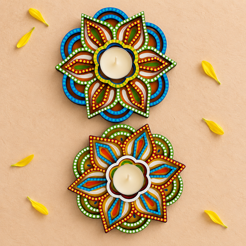 Dot Art Multicolor MDF Wood Tealight Holder | Set Of 2