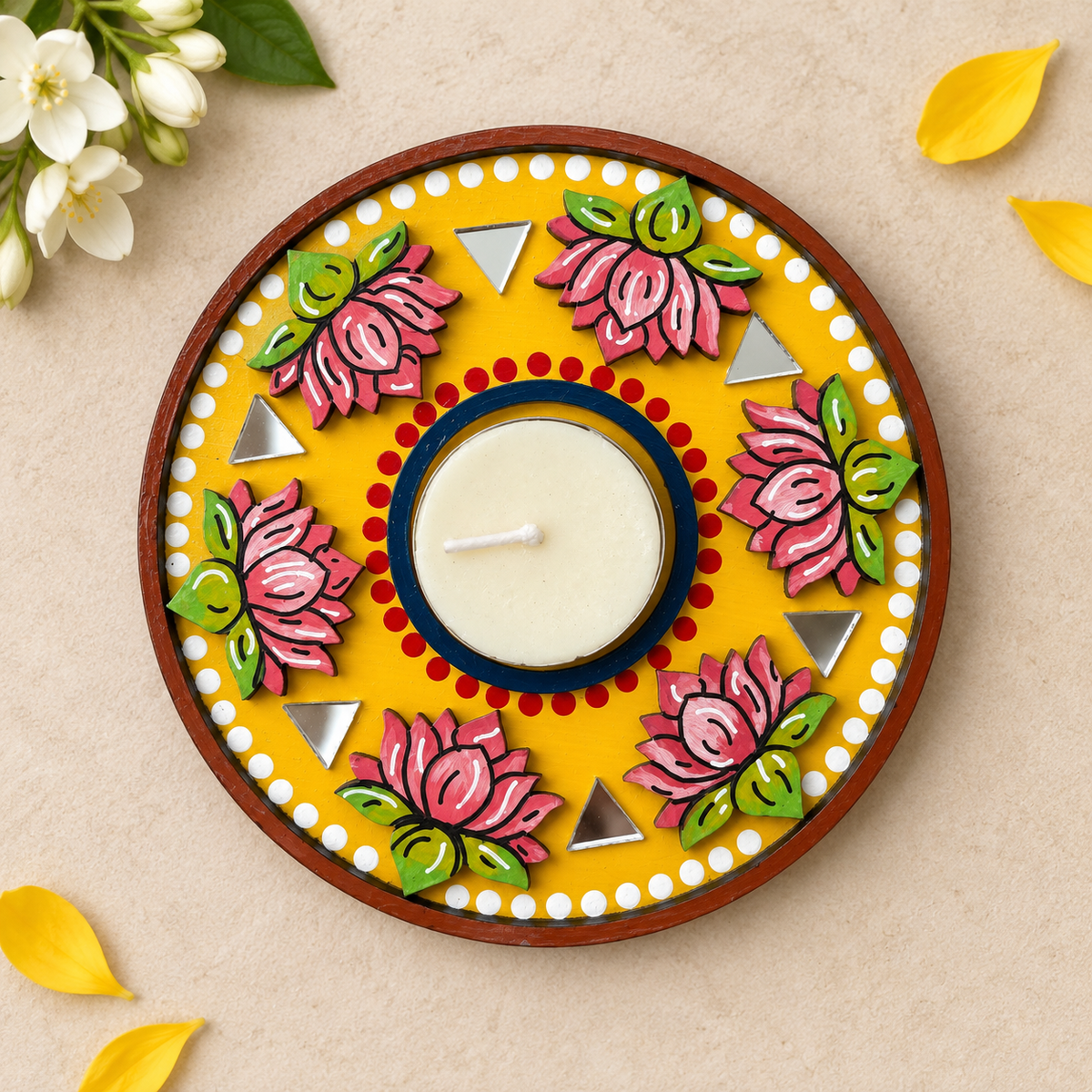Mirror Work Round Lotus MDF Wood Tealight Holder