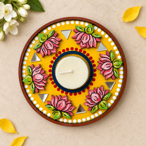 Mirror Work Round Lotus MDF Wood Tealight Holder
