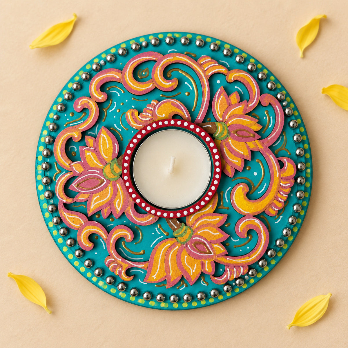 Round Decorative Lotus MDF Wood Tealight Holder