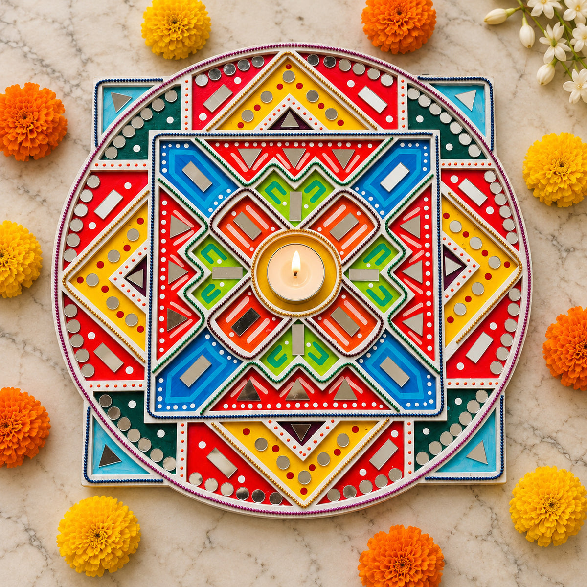 Mirror Work Multicolor Layered Rangoli