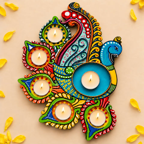 Multicolor Peacock MDF Wood Tealight Holder
